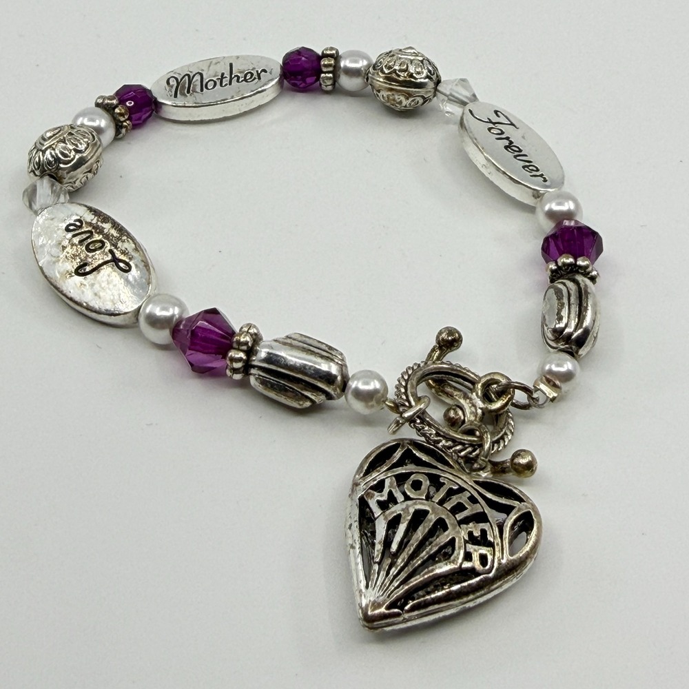 Y2K Mother Forever Love Charm Bracelet Silver Tone Purple Crystal Gift Jewelry